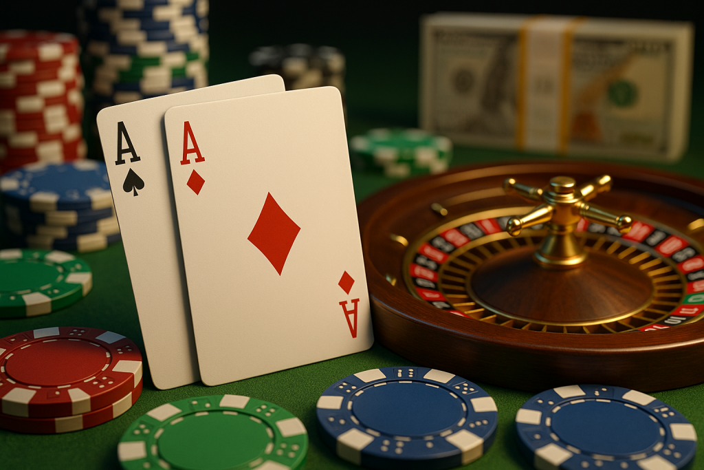 Playing cards and poker chips on a casino table