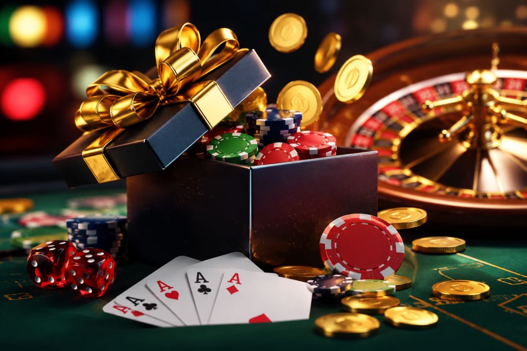 A decorative gift box surrounded by poker chips, dice, and playing cards on a casino table